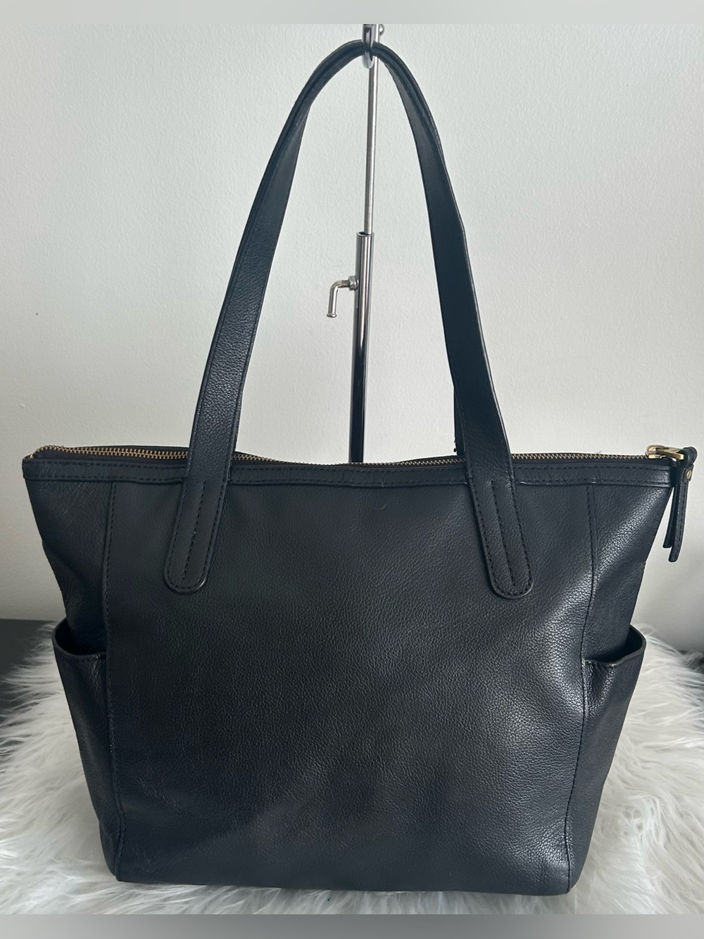 Fossil Black Leather Large Zip Top Tote Laptop Shoulder Bag Work bag - Picture 7 of 14